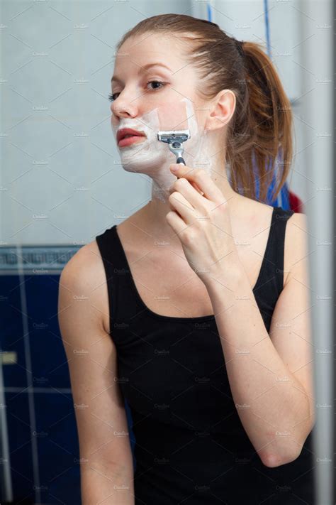 Funny Girl Shaving Her Face Featuring Shaver Shaving And Foam High