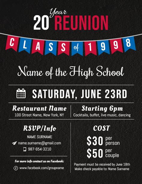 An Event Poster For The 20th Reunion Class Of High School Which Is Set