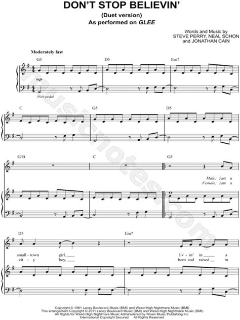 Glee Cast Don T Stop Believin Sheet Music In G Major Transposable