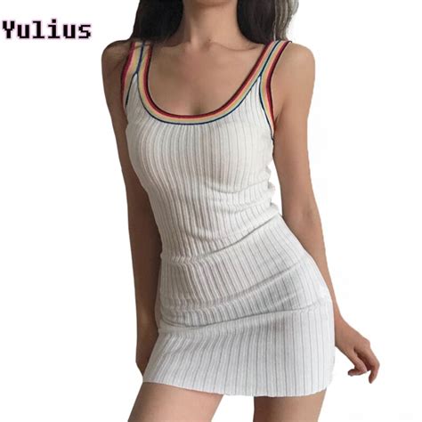Knitted Mini Dress Female Europe And America Rainbow Edge Spaghetti Strap Sexy Party Dresses For