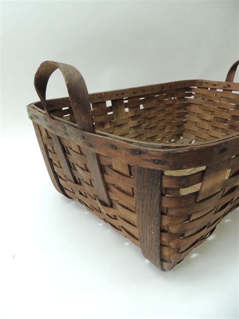 Antique Large Over Size Wooden Flat Woven Harvest Basket With Handles