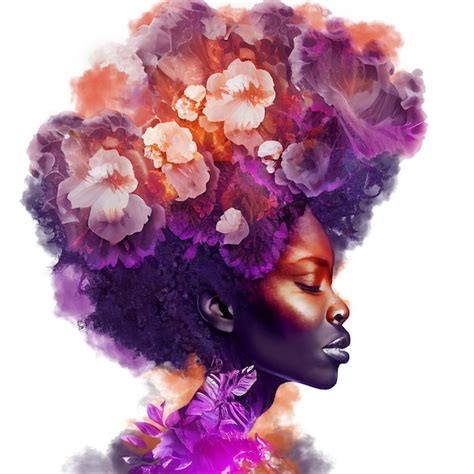 Retrato De Doble Exposición Hermosa Mujer Afroamericana Combinada Con Flores De Color Púrpura