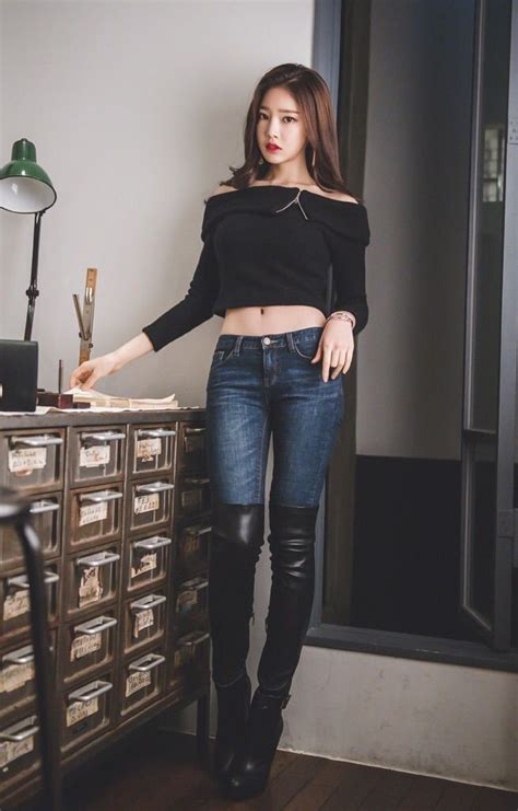 asian girl in cropped black sweater top jeans otk boots suns pinterest boots jeans and