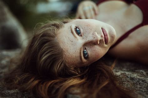 Brunette Women Freckles Looking At Viewer Lying On Back Face Blue