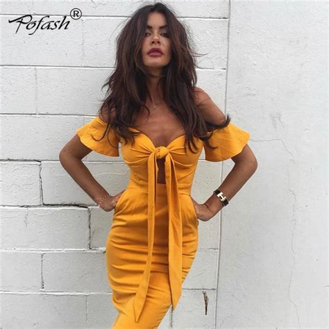 Pofash Brand New Hollow Out Off Shoulder Sheath Women Dress Sexy Backless Deep V Neck Bow Front