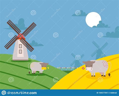 Rural Landscape With Windmills And Fields Vector Illustration