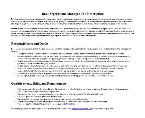 Bank Operations Manager Job Description Mous Syusa