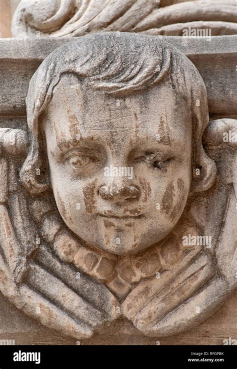 Head Of Cherub Carved At Entrance Blessed Sacrament Chapel At Mission