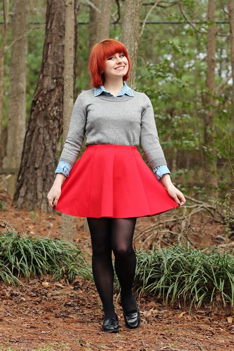 Outfit Red Skater Skirt Silver Sweater Over A Denim