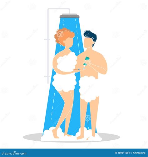 Young Man And Woman Take Shower In The Bathroom Stock Vector Illustration Of Bubble Adult
