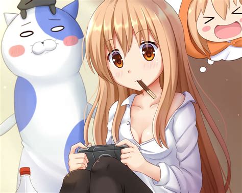 Blonde Hair Breasts Cat Smile Cleavage Cropped Doma Umaru Drink Game Console Himouto Umaru Chan