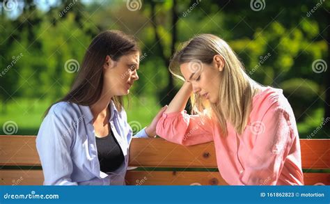 Kind Woman Comforting Sad Female Friend Breakup Crisis Friendship