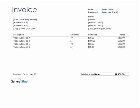 Us Invoice Template In Excel Basic