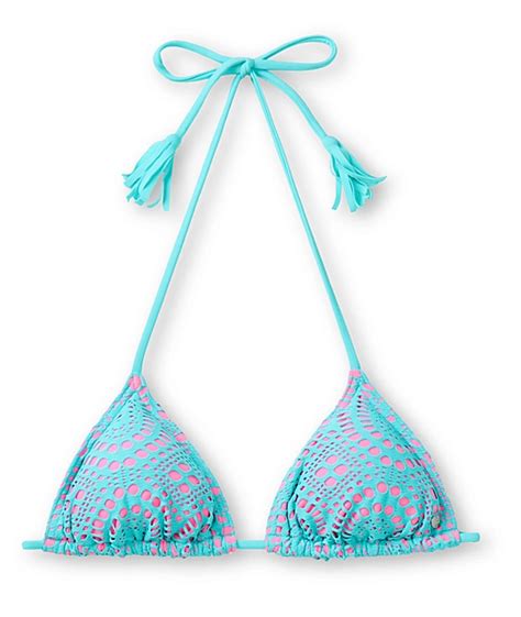 billabong harper pink and teal crochet triangle bikini top zumiez