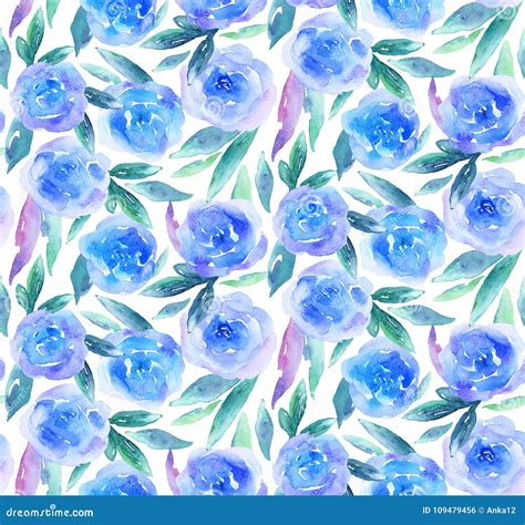Blue Watercolor Flowers Pattern Teal Floral Stock Illustration