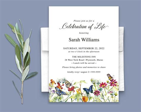 A Card With Flowers And Butterflies On It Next To An Envelope That Says Celebration Of Life