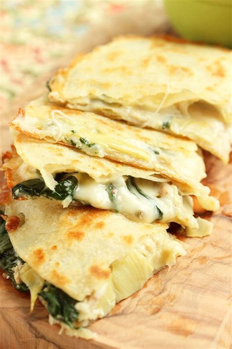 This quesadilla recipe is easy to cook on a griddle or bbq and is filled with chicken, chorizo and oozy mozzarella cheese. Spinach Artichoke and Chicken Quesadilla - The Suburban ...