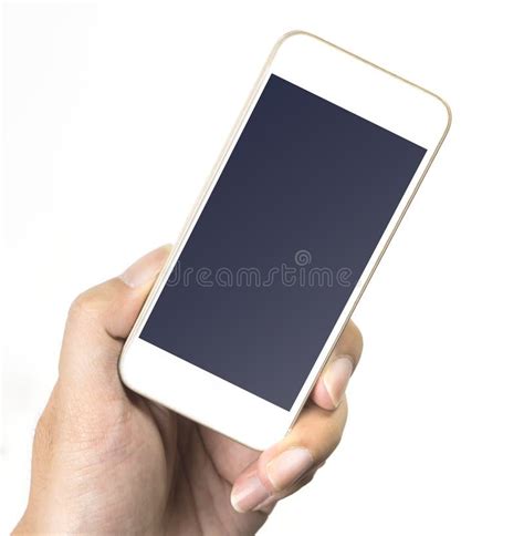 Left Hand Holding Empty White Mobile Phone Screen Isolated Stock Image