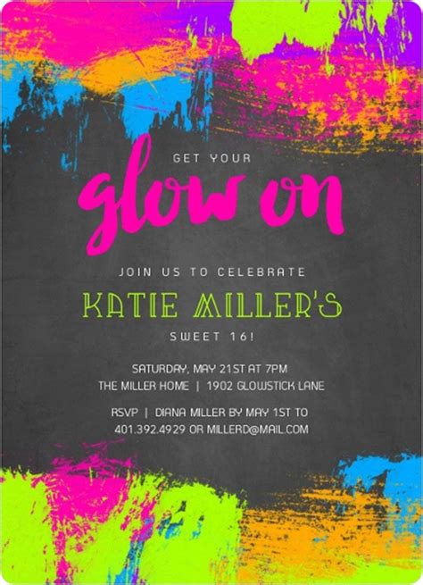 Neon Glow Paint Splatter Frame Sweet Sixteen Birthday Invitation Sweet