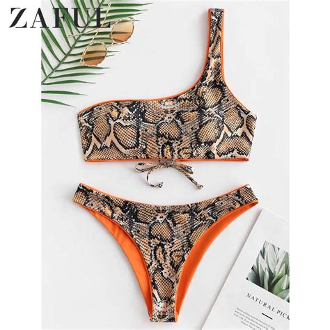 Zaful Snakeskin Print One Shoulder Reversible Bikini Set Women Two