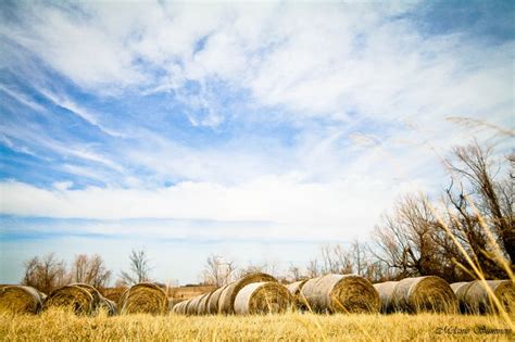 Hay Bales Sitting In The Middle Of A Field Under A Blue Sky With Wispy