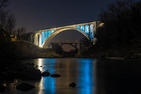 Solkan Railway Stone Bridge In Night Illumination Stock Photo