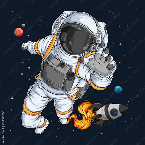 Hand Drawn Astronaut In Spacesuit Fling In The Space With Space Rocket