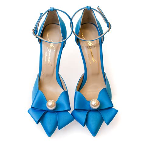 Blue Satin Bow Heels Fairymade Handcrafted By Myrto Kliafa