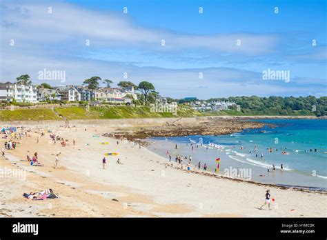 Falmouth Cornwall Busy Gyllyngvase Beach Packed With Holidaymakers On A