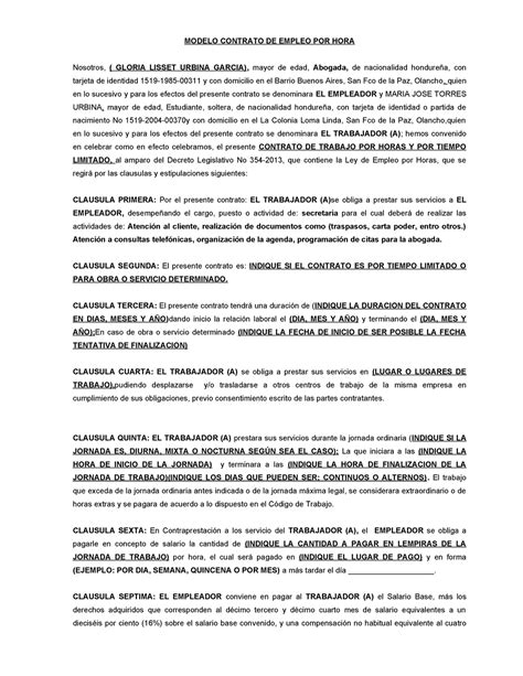 Modelo Contrato Ley De Empleo Por Hora 354 2013 Modelo Contrato De