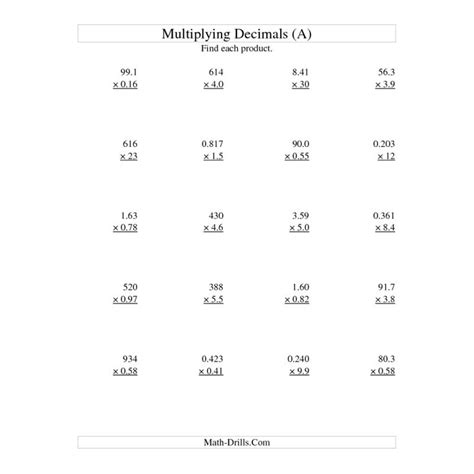 (fill in the blank spaces of the multiplication of a decimal by 10 or higher power of 10). Multiplying Decimals Worksheet -- Three-Digit by Two-Digit ...