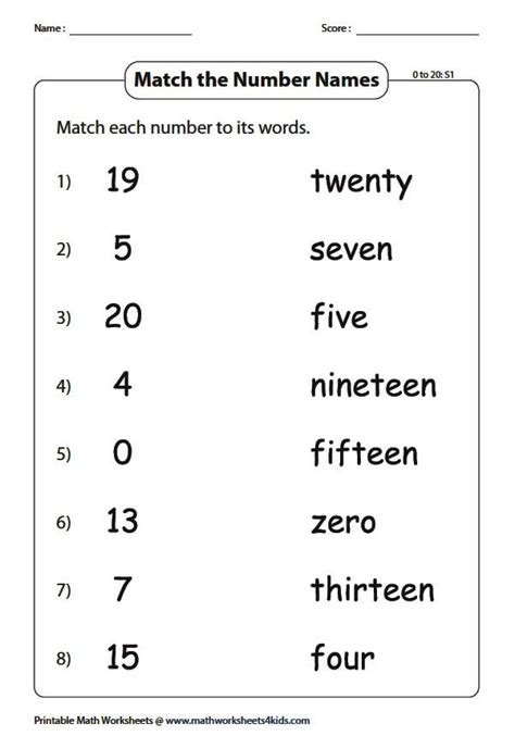 Match The Numbers With Number Words Kindergarten Math Worksheets Free