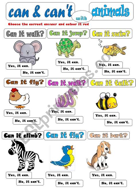 Can Can´t With Animals Esl Worksheet By Byhngmz