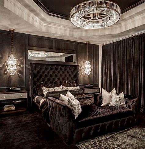 Stunning All Black And Gold Luxury Glam Bedroom Decor With Black Tufted