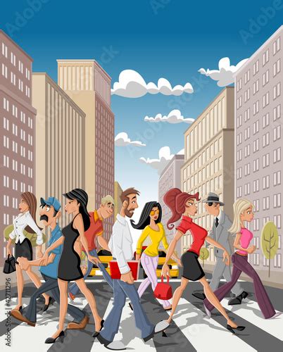 Cartoon Business People Crossing A Downtown Street In The City