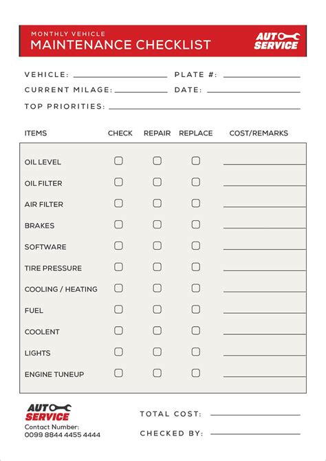 Free Car Service Monthly Maintenance Checklist Template Ai PDF