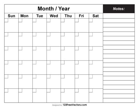 Printable Blank Monthly Calendar With Notes Free By