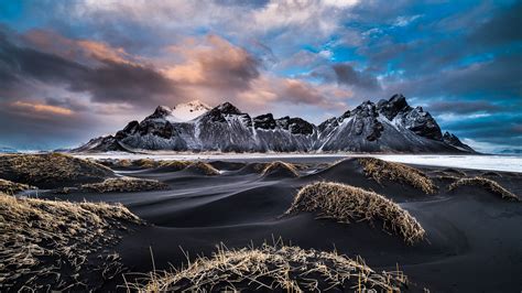 Vestrahorn Iceland Winter Landscape Snowy Mountains Coast Sand Beach