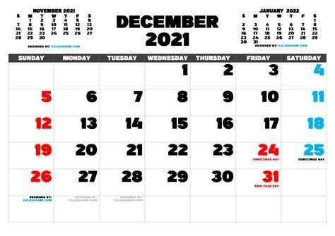 Free Printable December 2021 Calendar With Holidays Pdf Png