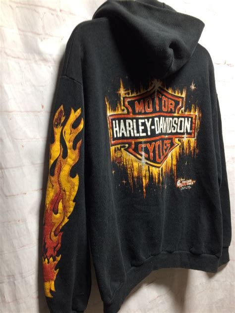 Classic Harley Davidson Zip Up Hoodie W Flame Design Down Left Arm