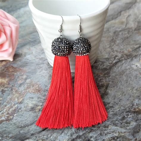 5 pairs cotton silk tassel earrings pave crystal rhinestone tassel jewelry for women bohemia