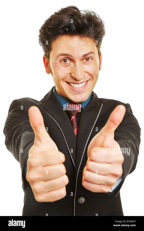 Cheering Businessman Holding Both Of His Thumbs Up Stock Photo Alamy