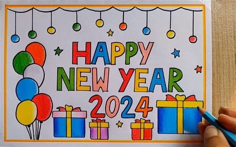 Happy New Year 2024 Drawing With Colour Easy Work 2d 3d