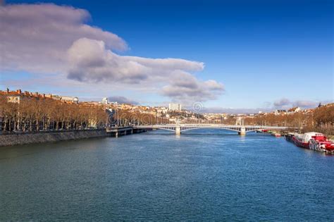 Winter Scene With Buildings Around The River Saone Lyon France