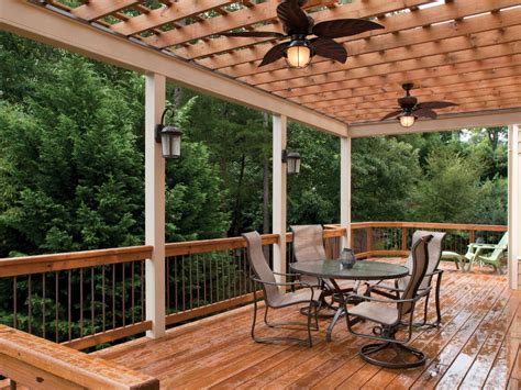 My neighbor has a very similar setup with fans installed like this Wooded Deck Area with Pergola and Ceiling Fan | HGTV