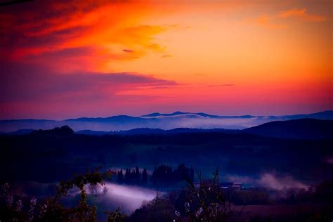 Silhouette Mountain Mist Sunset Tuscany Italy Sky Clouds