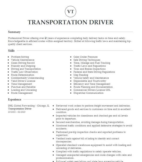 Transportation Driver Resume Example
