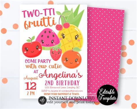 Editable Two Tti Fruitti 2nd Birthday Invitation Tutti Frutti Birthday