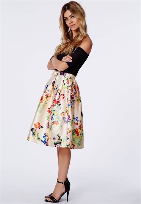 Missguided Heidi Floral Satin Full Midi Skirt Cream 38 Missguided