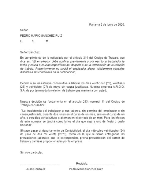 Carta De Despido Panama Pdf